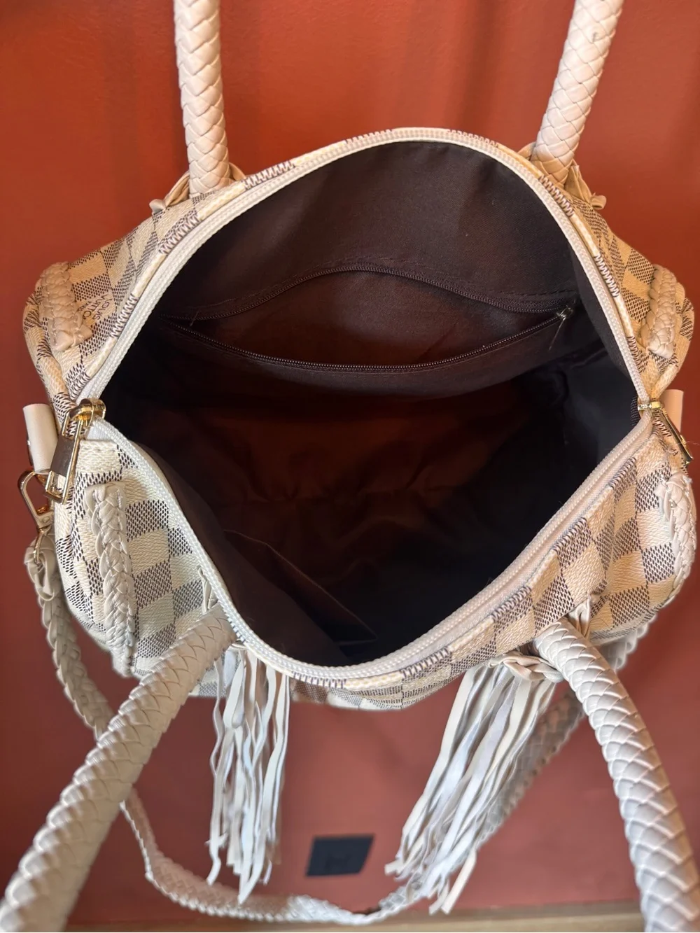 Louis Vuitton Ivory Checkered Satchel with Tassel Accents